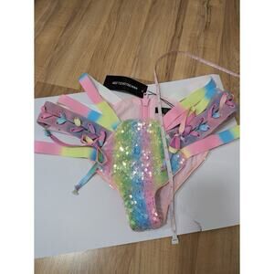 Dolls Kill Club Exx Harness Rainbow Sequin Rave Festival Bottoms Shorts - Size M